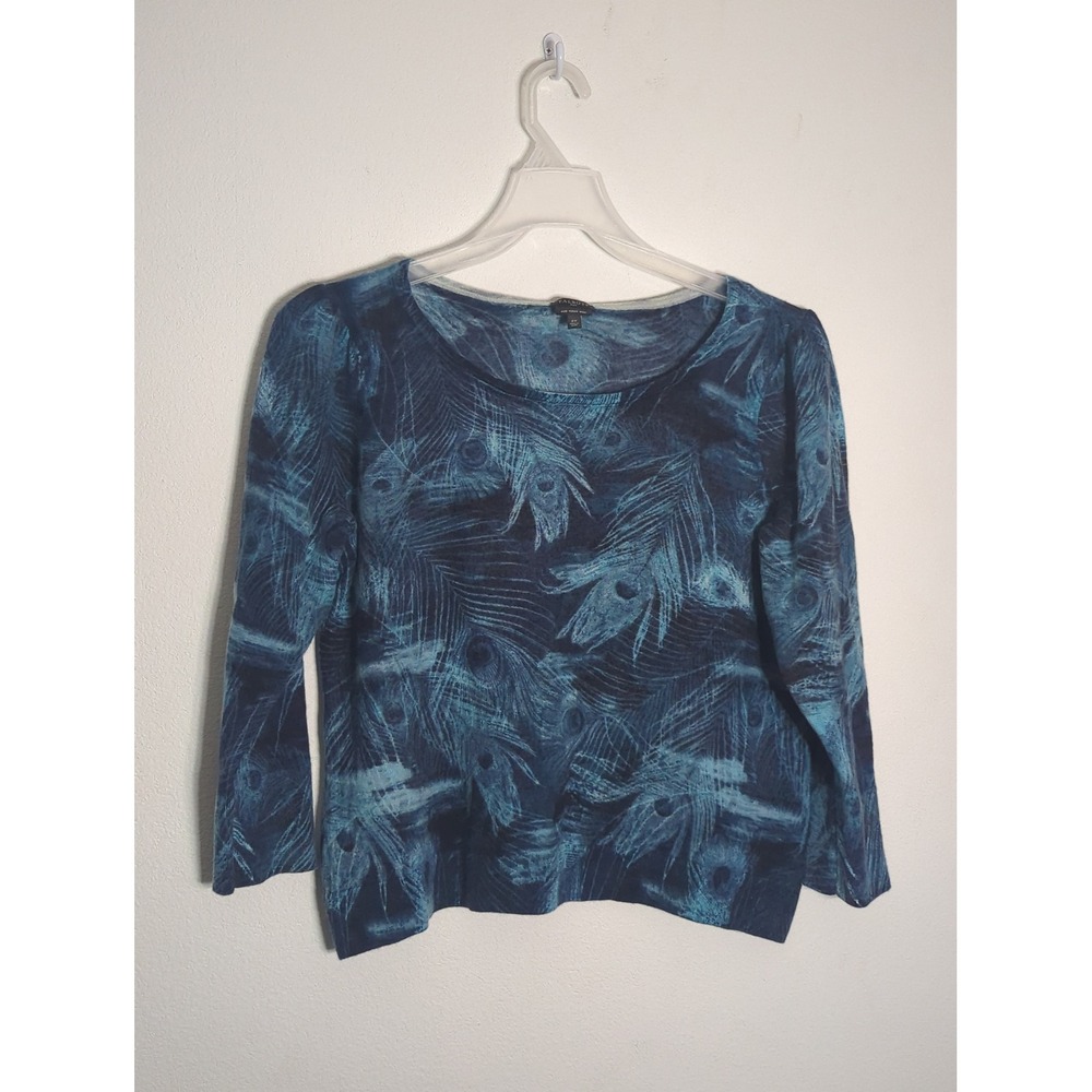 Talbots Womens 100% Merino Wool Peacock Feather 3/4 Sleeve Bohemian BlueLarge